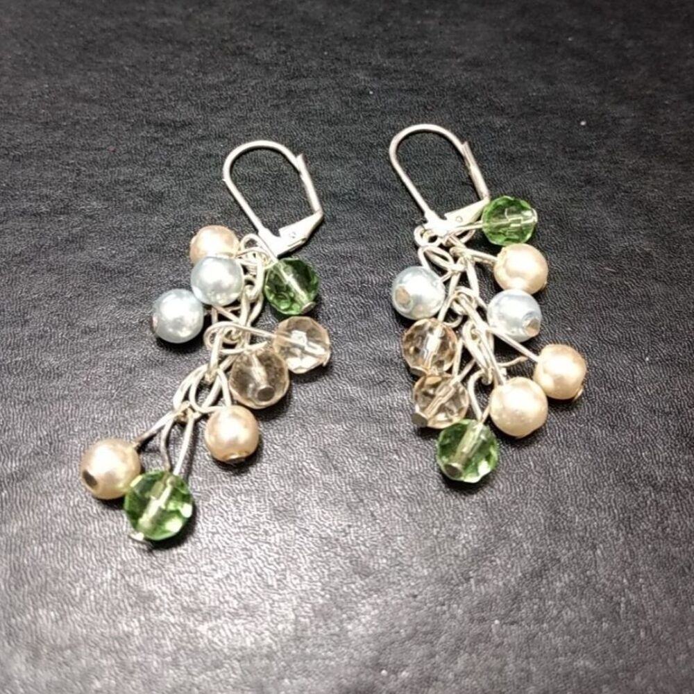 Silver tone dangling earrings pink green pastel